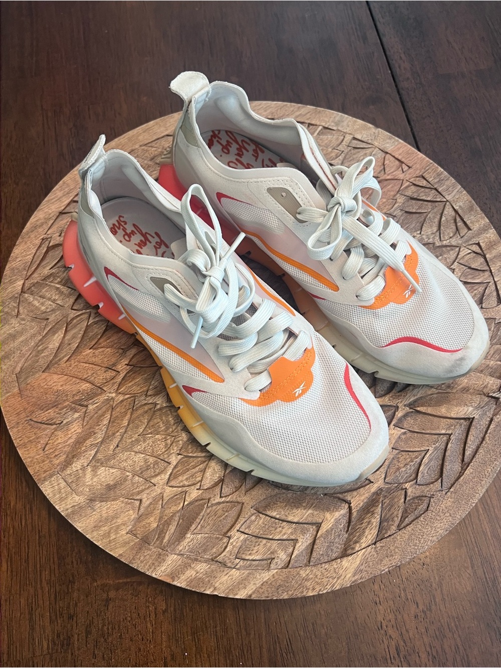 Light Beige Mesh Sneakers with Orange & Coral Accents